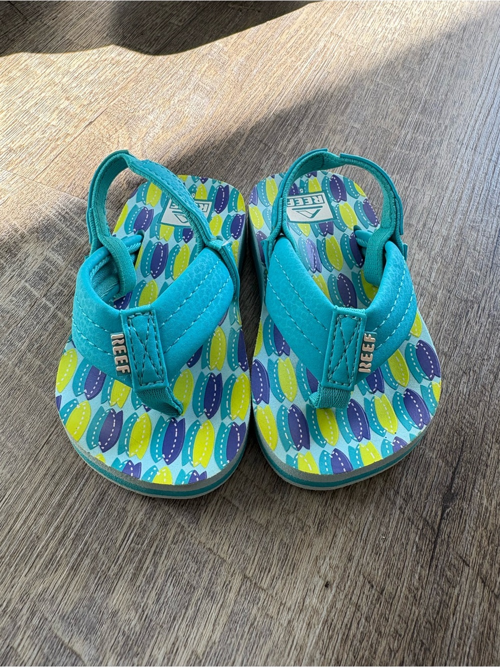 Reef Kids Teal Flip Flops with Surfboard Print